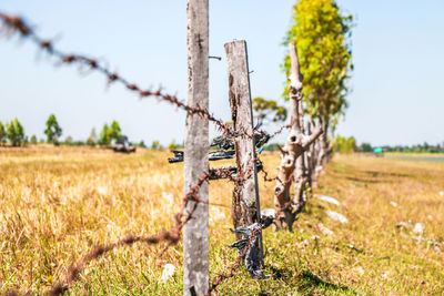 Barbed wire fence on field against sky