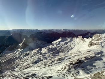 Aerial view of snowcapped mountains against sky