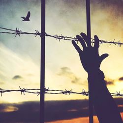 Low angle view of barbed wire against cloudy sky