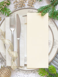 High angle view of christmas decorations on table