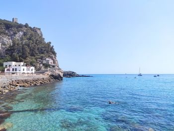 Scenic view of sea against clear blue sky