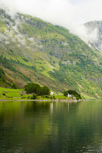 Scenic view of lake by mountains against sky