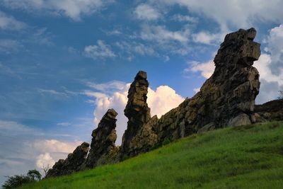 Low angle view of rock formations against sky