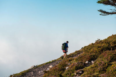 Side view of inspired tourist with heavy backpack watching at mountains and forest in hill in spain