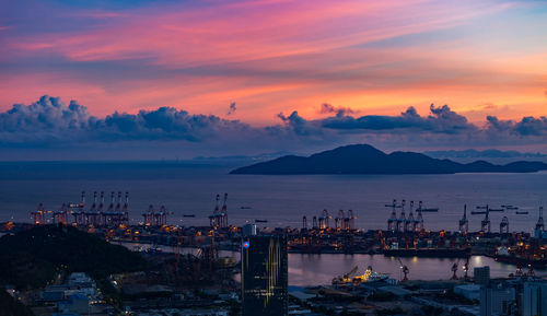 High angle view of bay against sky at sunset