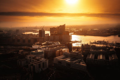 High angle view of city at sunset