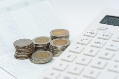 Close-up of coins and calculator on table