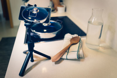 High angle view of camera on table at home