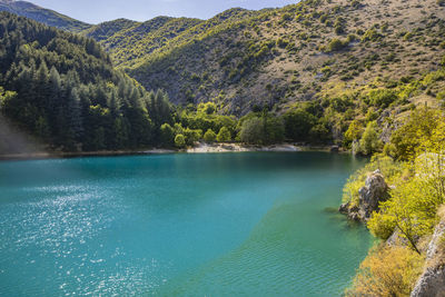 Scenic view of lake and mountains against sky