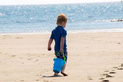 Rear view of boy carrying bucket at beach