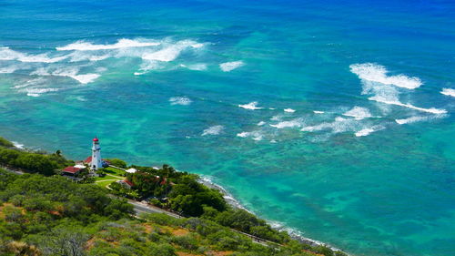 High angle view of sea and land