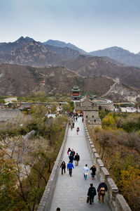 High angle view of people walking on mountain