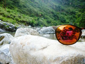 Close-up of water on rock against trees