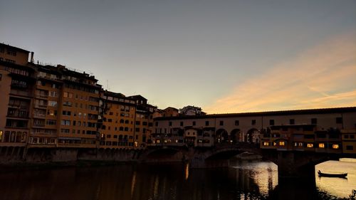 Bridge over river by buildings against sky during sunset