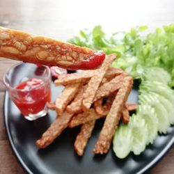 Close-up of breakfast served on table