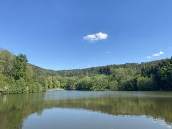 Scenic view of lake in forest against blue sky