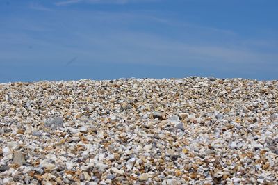 Rocks on beach against blue sky