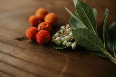 Close-up of strawberries tree fruit on table