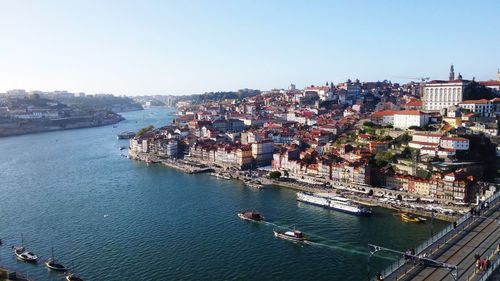 High angle view of townscape by river against clear sky