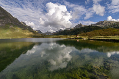 Scenic view of lake and mountains against sky