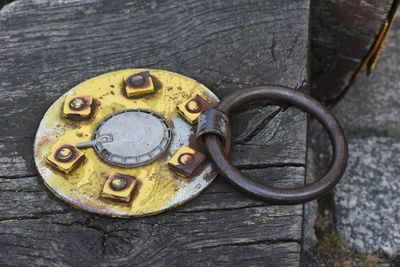 High angle view of old bicycle wheel