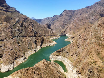 Scenic view of lake and mountains against clear sky