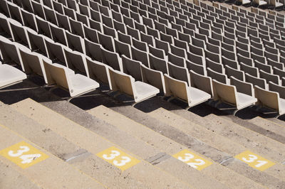 High angle view of empty chairs in stadium, barcelona 