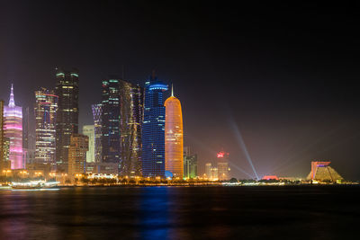 Illuminated city buildings at night