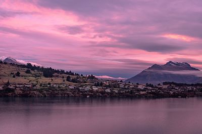 Scenic view of lake against sky at sunset