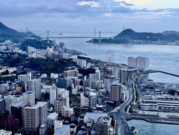High angle view of cityscape against sky