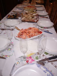 High angle view of meal served on table