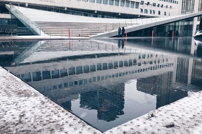 Reflection of man in puddle on city street