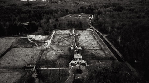 High angle view of old machinery on field