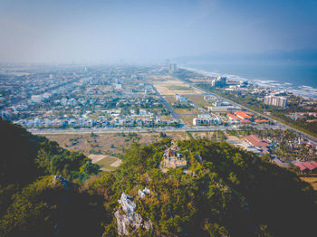 High angle view of buildings against sky