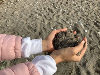 Hands of a person holding sand at beach