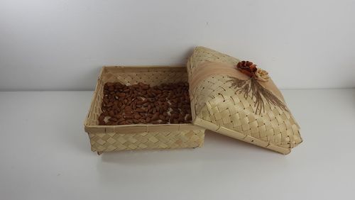 Close-up of bread on table against white background