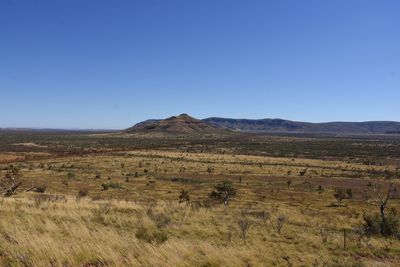 Scenic view of field against clear blue sky