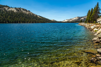 Scenic view of lake against blue sky