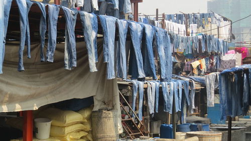 Low angle view of clothes drying at dhobi ghat