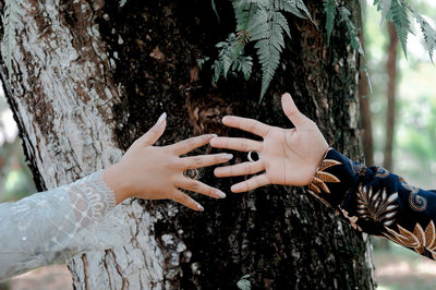 Low section of woman on tree trunk