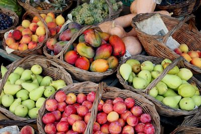 High angle view of fruits for sale at market stall