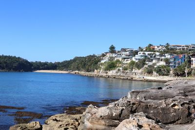 Scenic view of town against clear blue sky