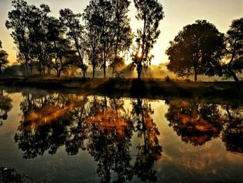Reflection of silhouette trees in lake against sky during sunset