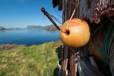 Fishing equipment at a small hut on a fjord near tromso in northern norway on a warm summer day