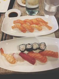 High angle view of sushi served on table