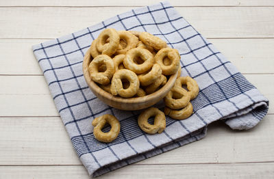 High angle view of cookies on table