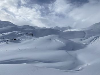 Scenic view of snow covered mountains against sky