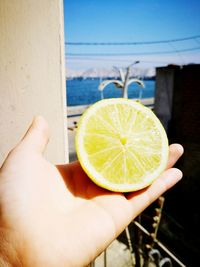 Close-up of hand holding lemon against sky