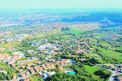 High angle view of field against sky