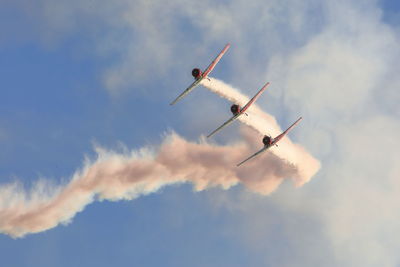 Low angle view of airplane flying against sky